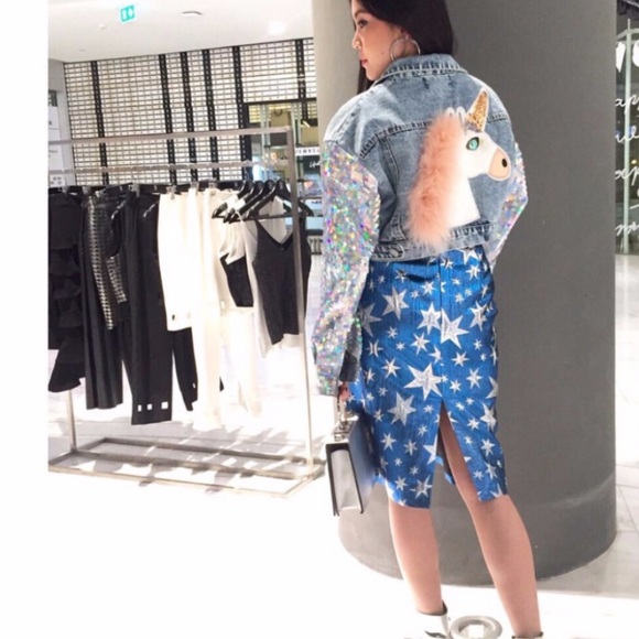 🆕 Faux Fur Unicorn Sequin Denim Crop Jacket C74 - Picture 5 of 7